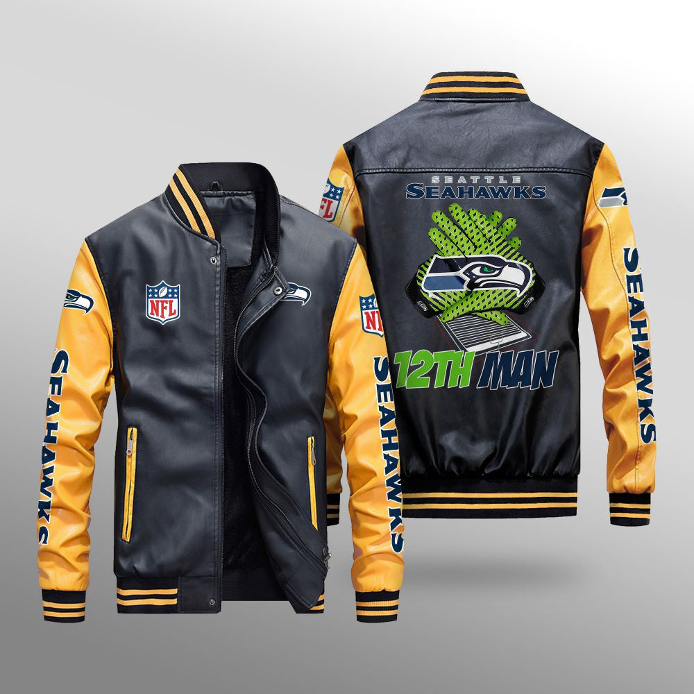 Seattle Seahawks Premium Fleece-Lined Leather Bomber Jacket BG32