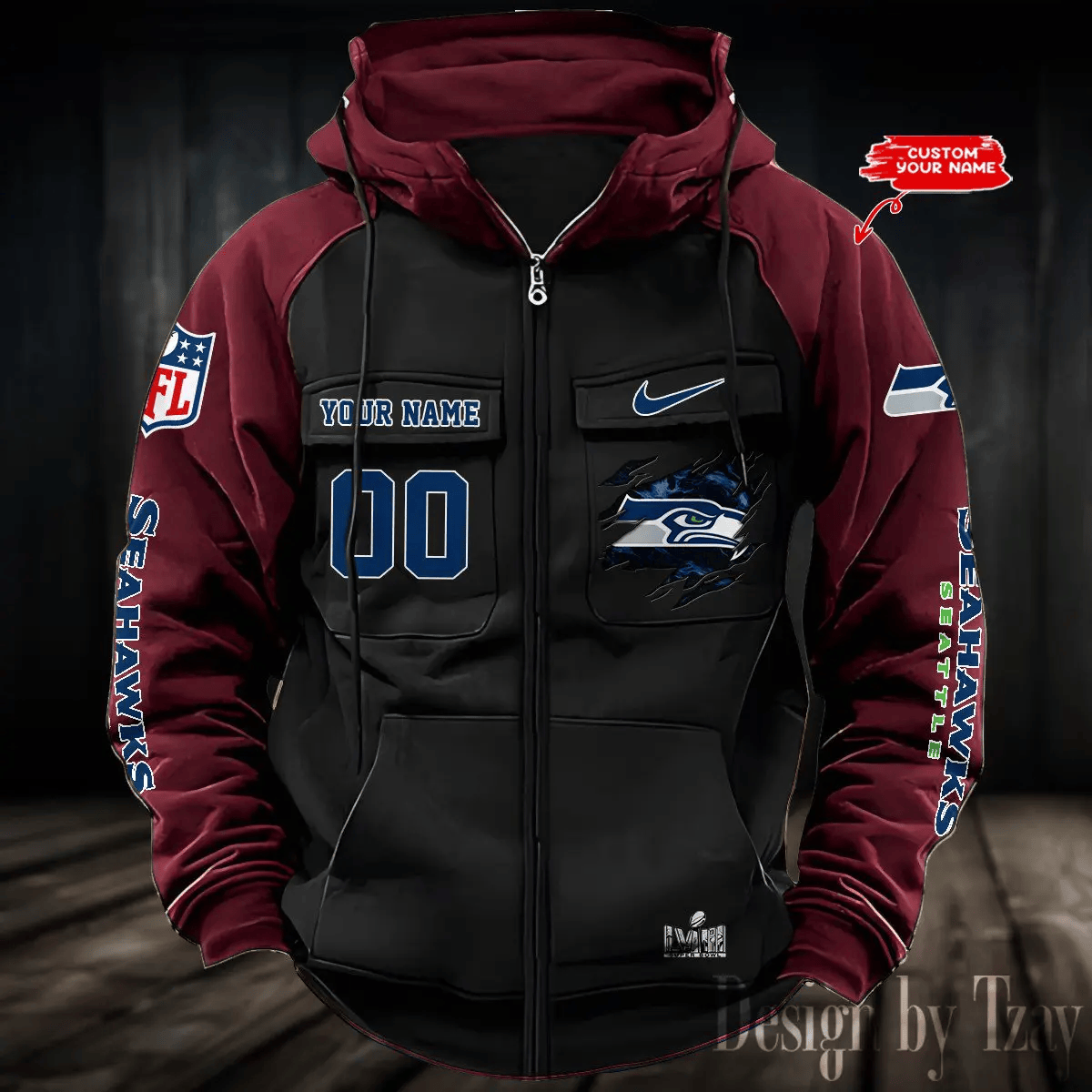 9SMCZVHD061-Seattle Seahawks Zip-Vintage Hoodies