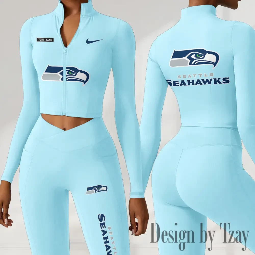 Seattle Seahawks Women Activewear Set 2 Piece Crop Jacket and High Waist Leggings SPTZSTW291