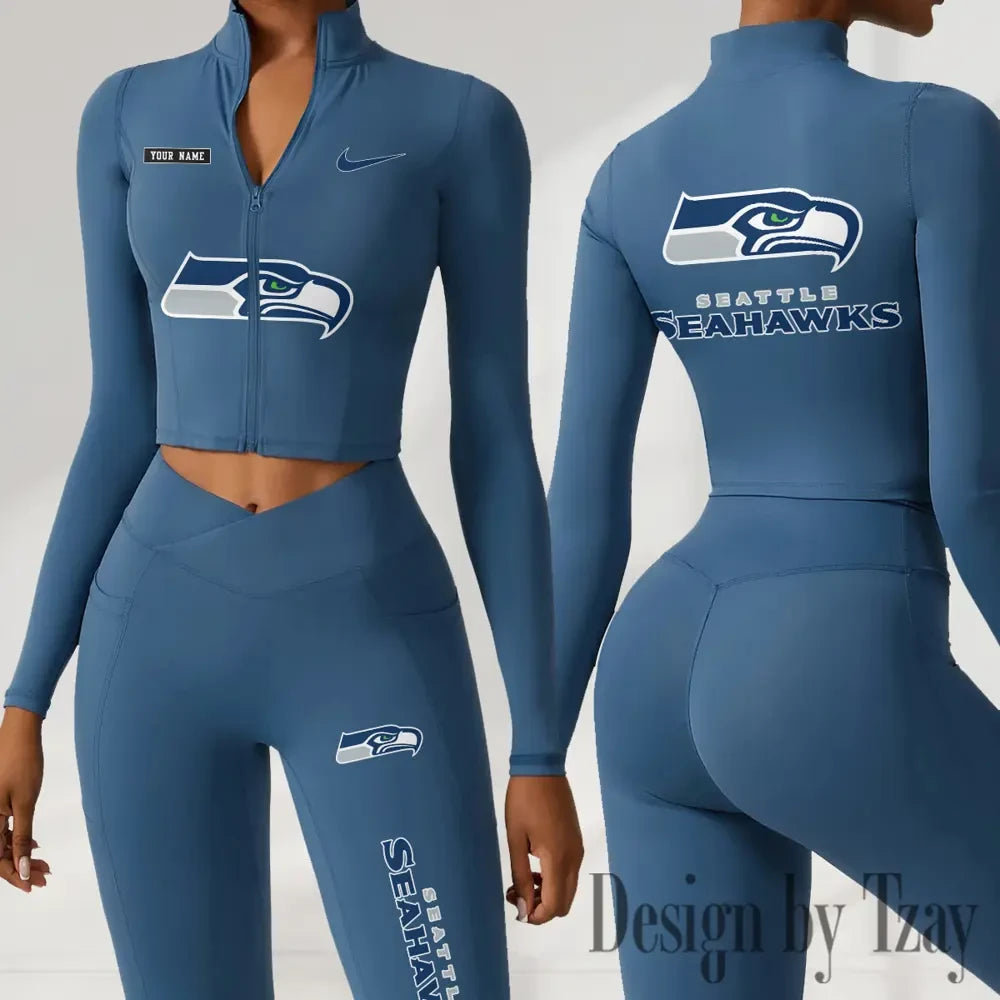 Seattle Seahawks Women Activewear Set 2 Piece Crop Jacket and High Waist Leggings SPTZSTW291