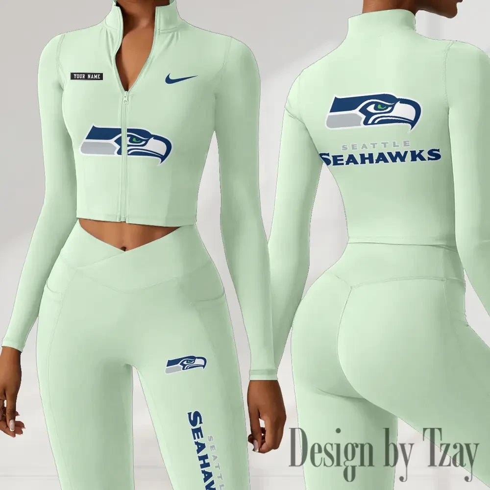 Seattle Seahawks Women Activewear Set 2 Piece Crop Jacket and High Waist Leggings SPTZSTW291