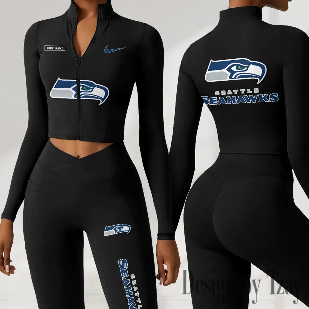 Seattle Seahawks Women Activewear Set 2 Piece Crop Jacket and High Waist Leggings SPTZSTW291