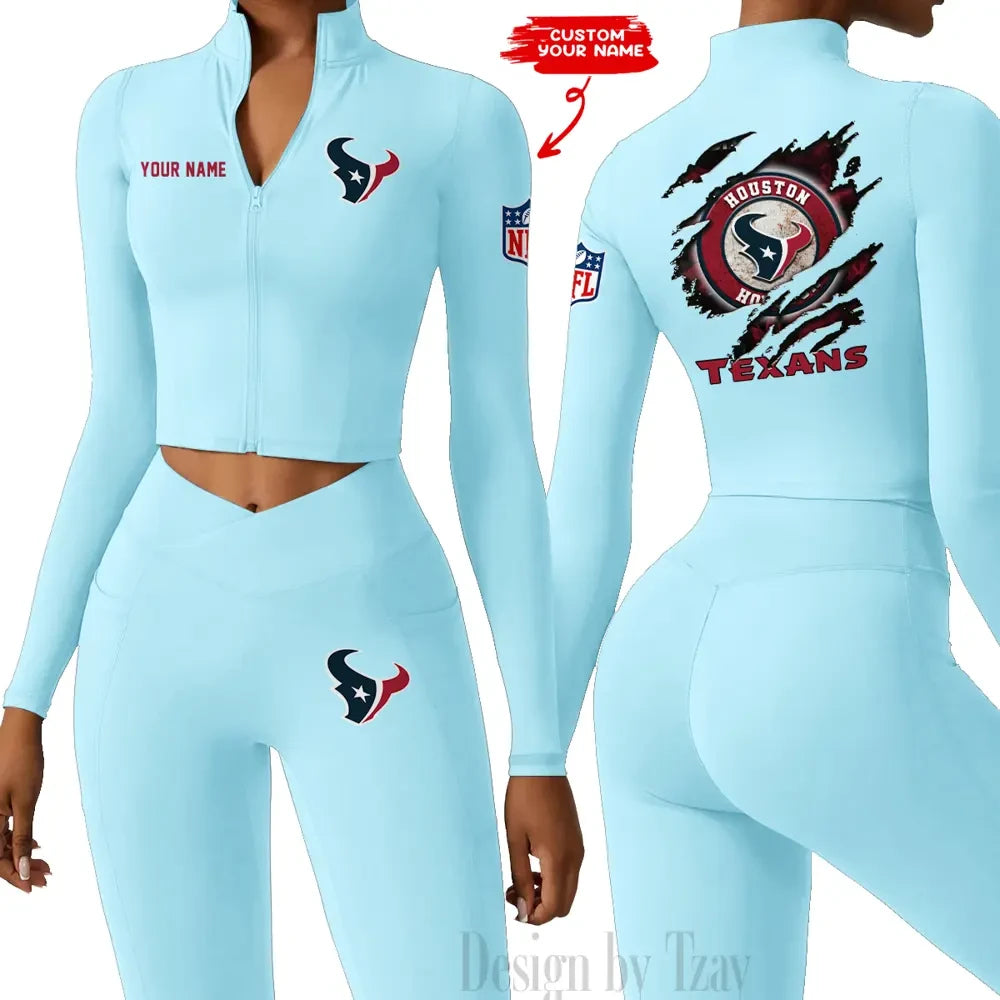 Houston Texans Women Activewear Set 2 Piece Crop Jacket and High Waist Leggings SPTZSTW243