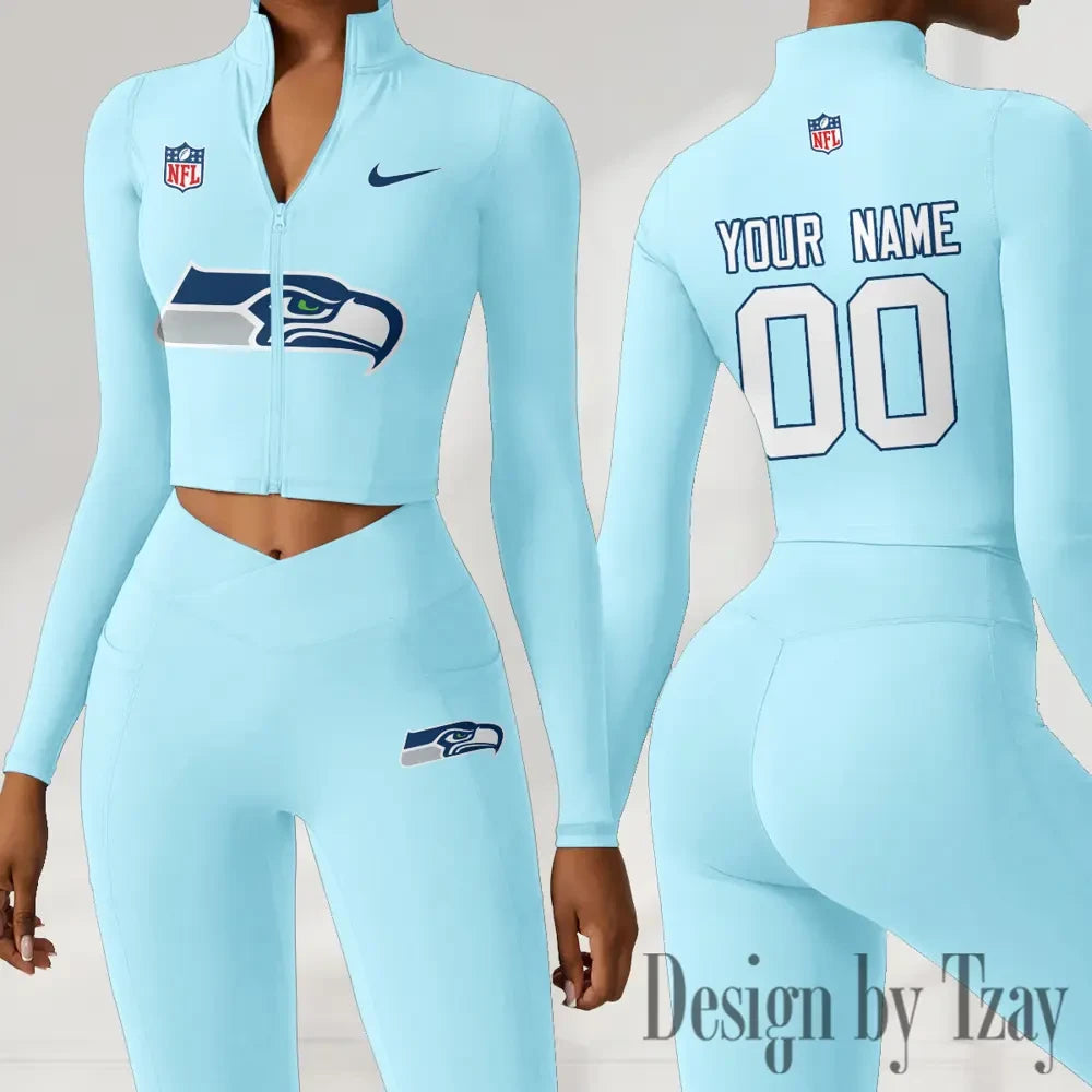 Seattle Seahawks Women Activewear Set 2 Piece Crop Jacket and High Waist Leggings SPTZSTW227