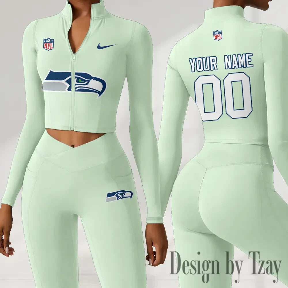 Seattle Seahawks Women Activewear Set 2 Piece Crop Jacket and High Waist Leggings SPTZSTW227