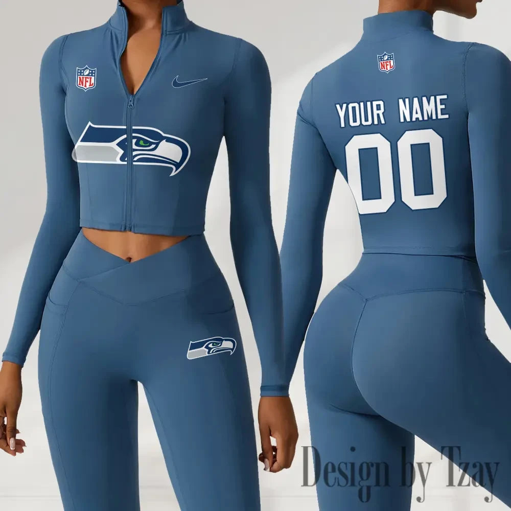 Seattle Seahawks Women Activewear Set 2 Piece Crop Jacket and High Waist Leggings SPTZSTW227
