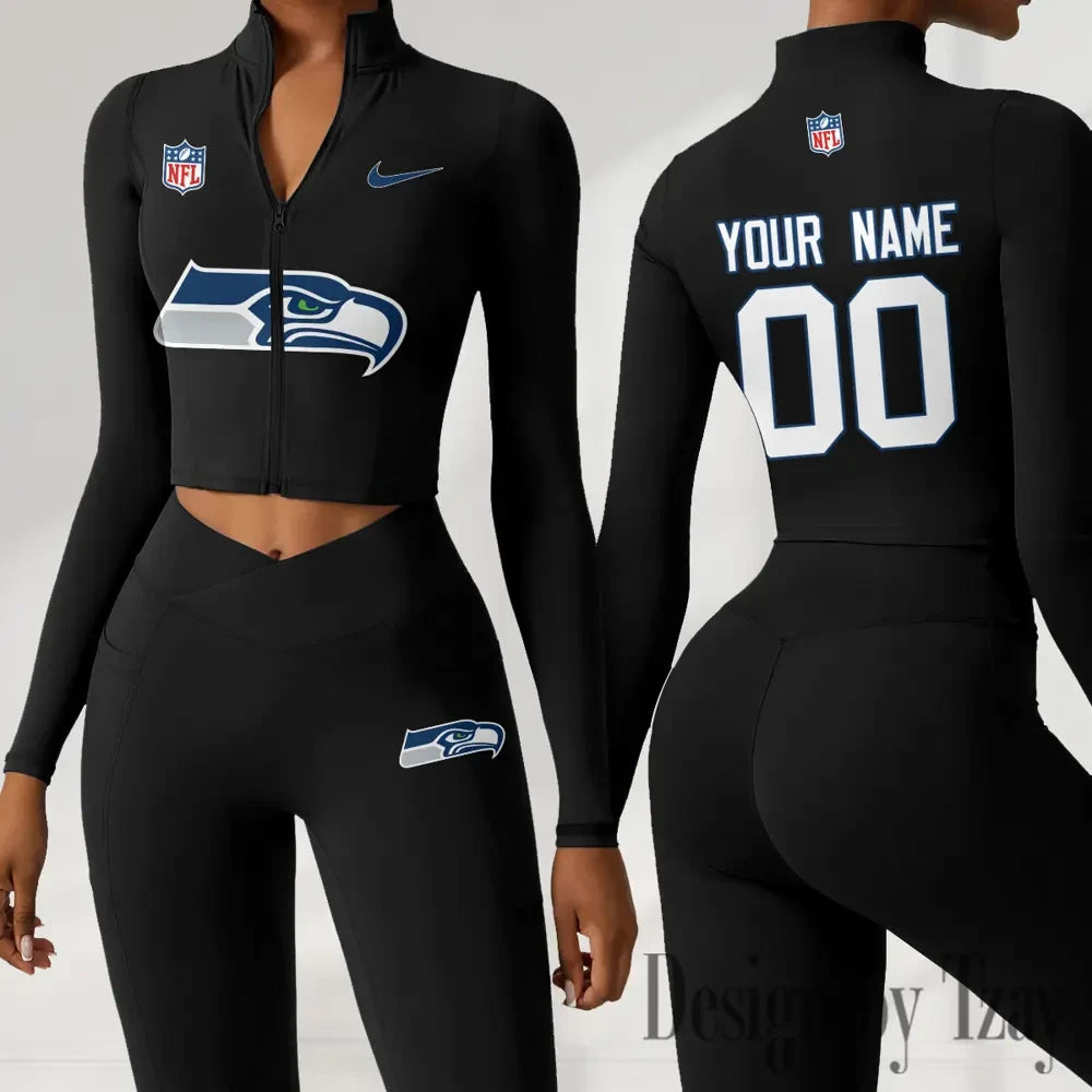 Seattle Seahawks Women Activewear Set 2 Piece Crop Jacket and High Waist Leggings SPTZSTW227