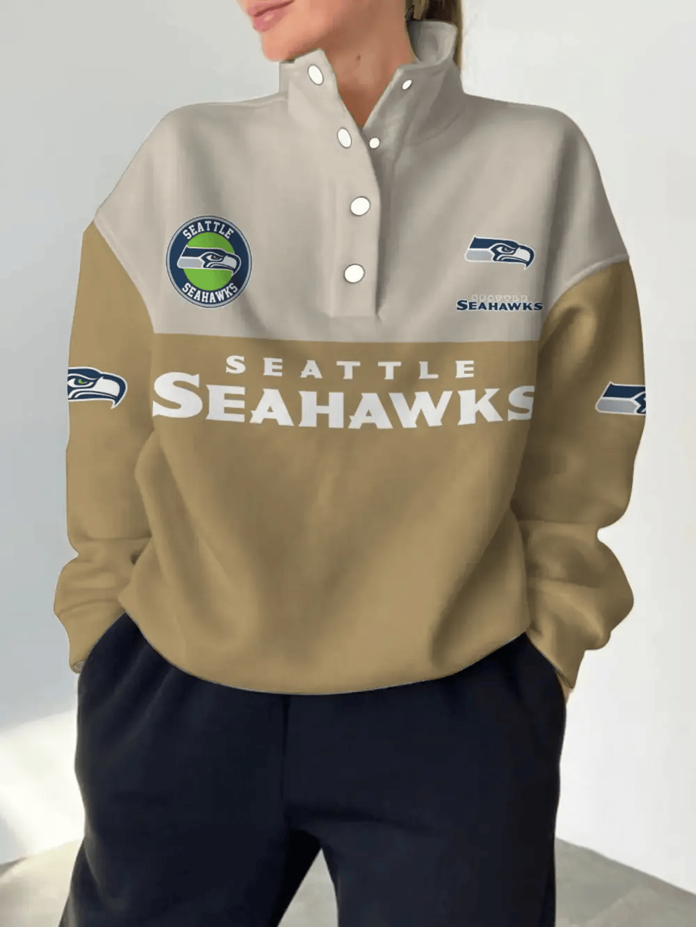 Seattle Seahawks New Design Casual Snap Mockneck Pullover Sweatshirt SPTCSMPS069