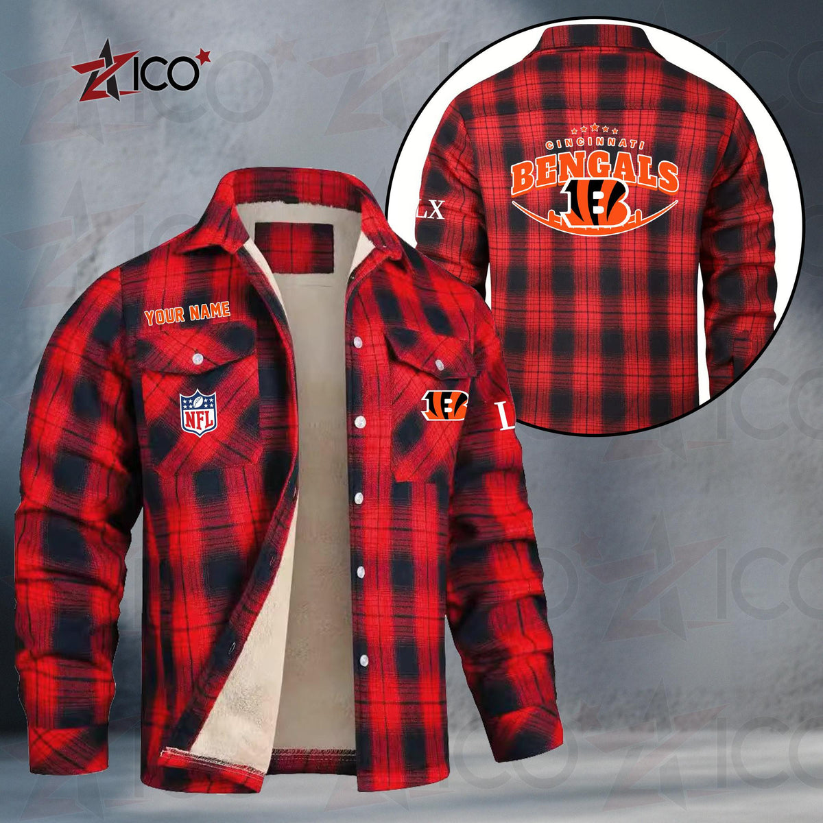 Cincinnati Bengals Fleece Flannel Plaid Jacket MN07