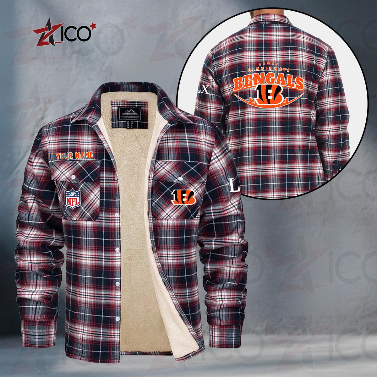 Cincinnati Bengals Fleece Flannel Plaid Jacket MN07
