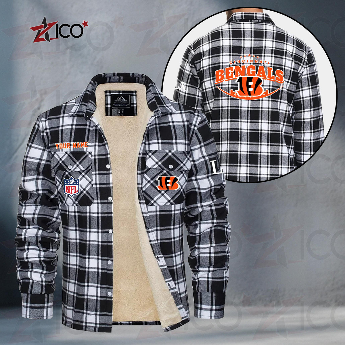 Cincinnati Bengals Fleece Flannel Plaid Jacket MN07