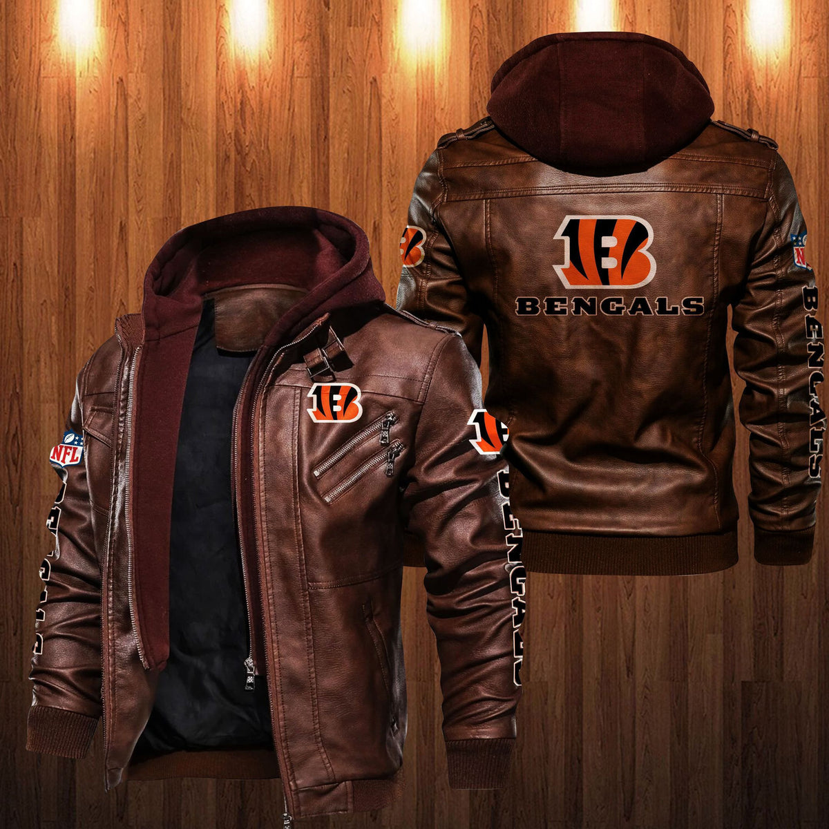 Cincinnati Bengals HVKC1240 - Premium & Ultra-Thick Leather Jacket with Fleece Hood