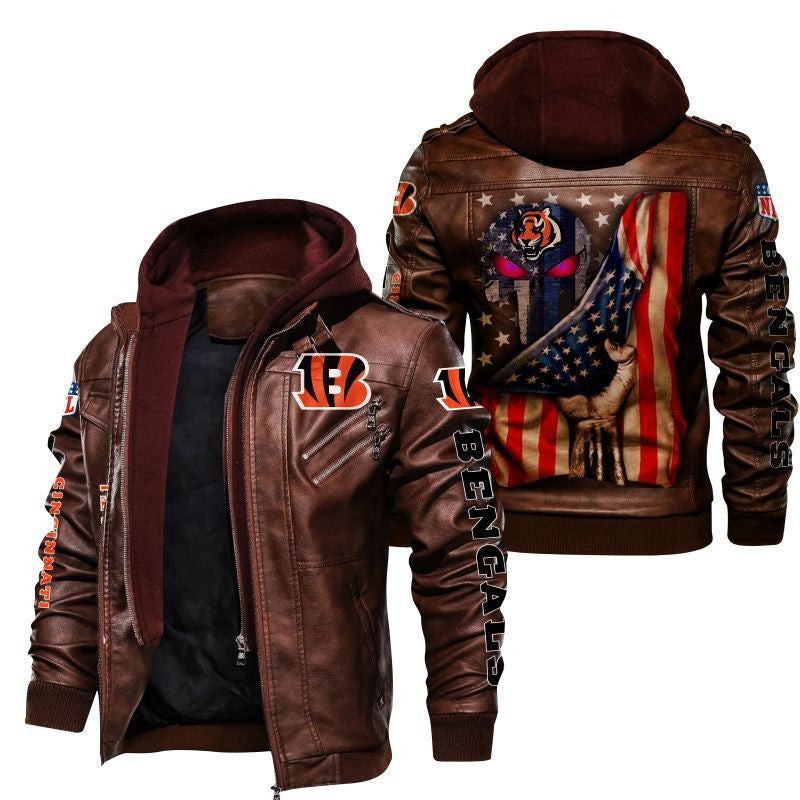 Cincinnati Bengals HVKC155 - Premium & Ultra-Thick Leather Jacket with Fleece Hood