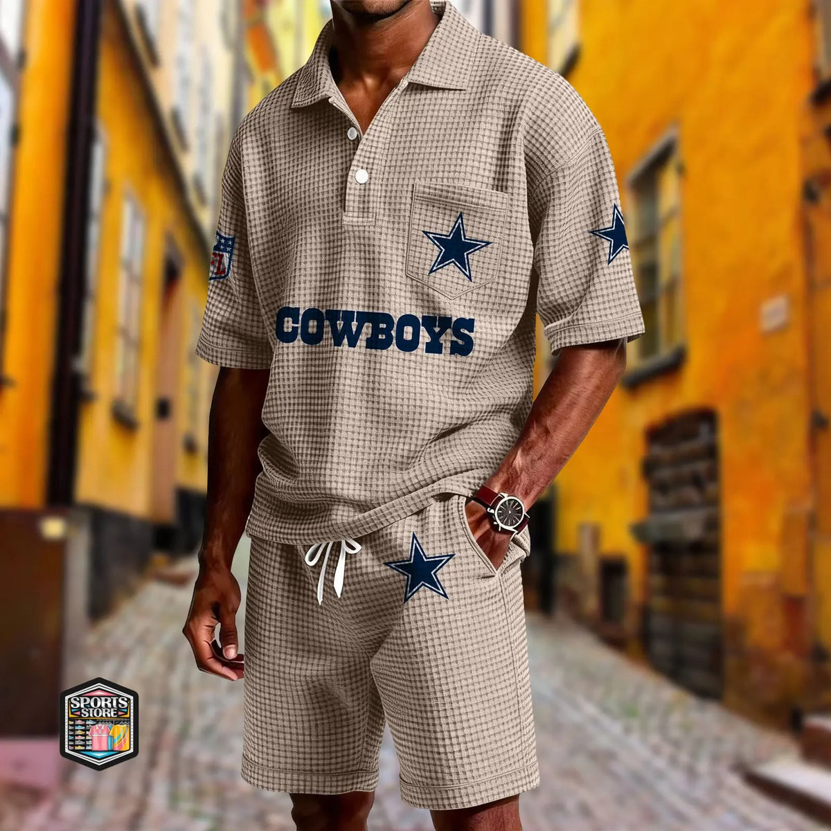 Dallas Cowboys Waffle Button Polo Shirt And Shorts SPTWFLBLS653