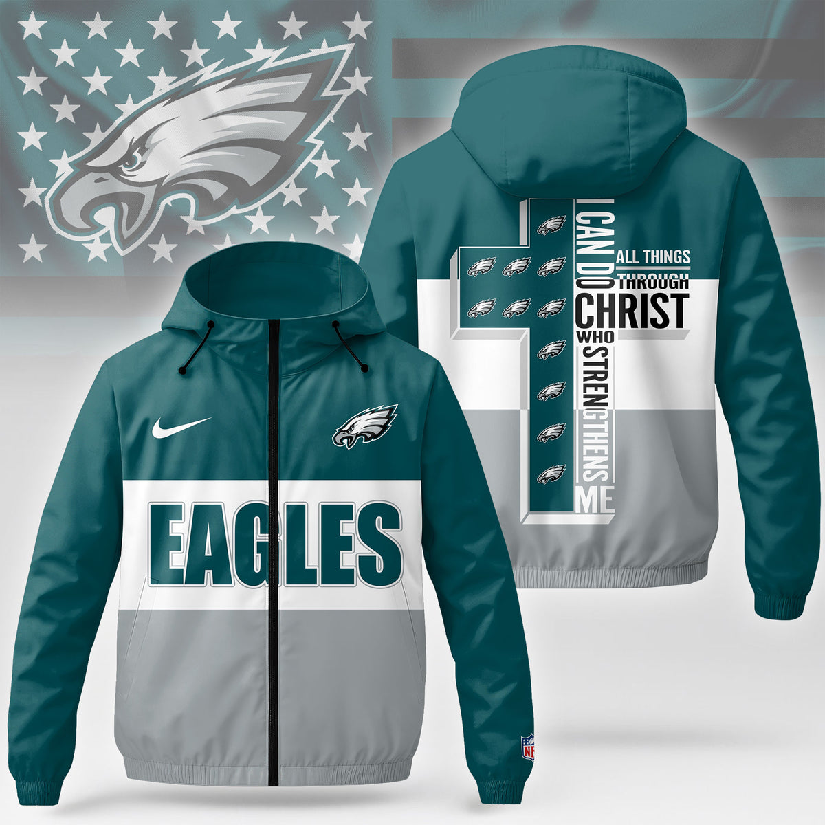 Philadelphia Eagles | Premium NFL Strength Through Christ Windbreaker Jacket NTH1301