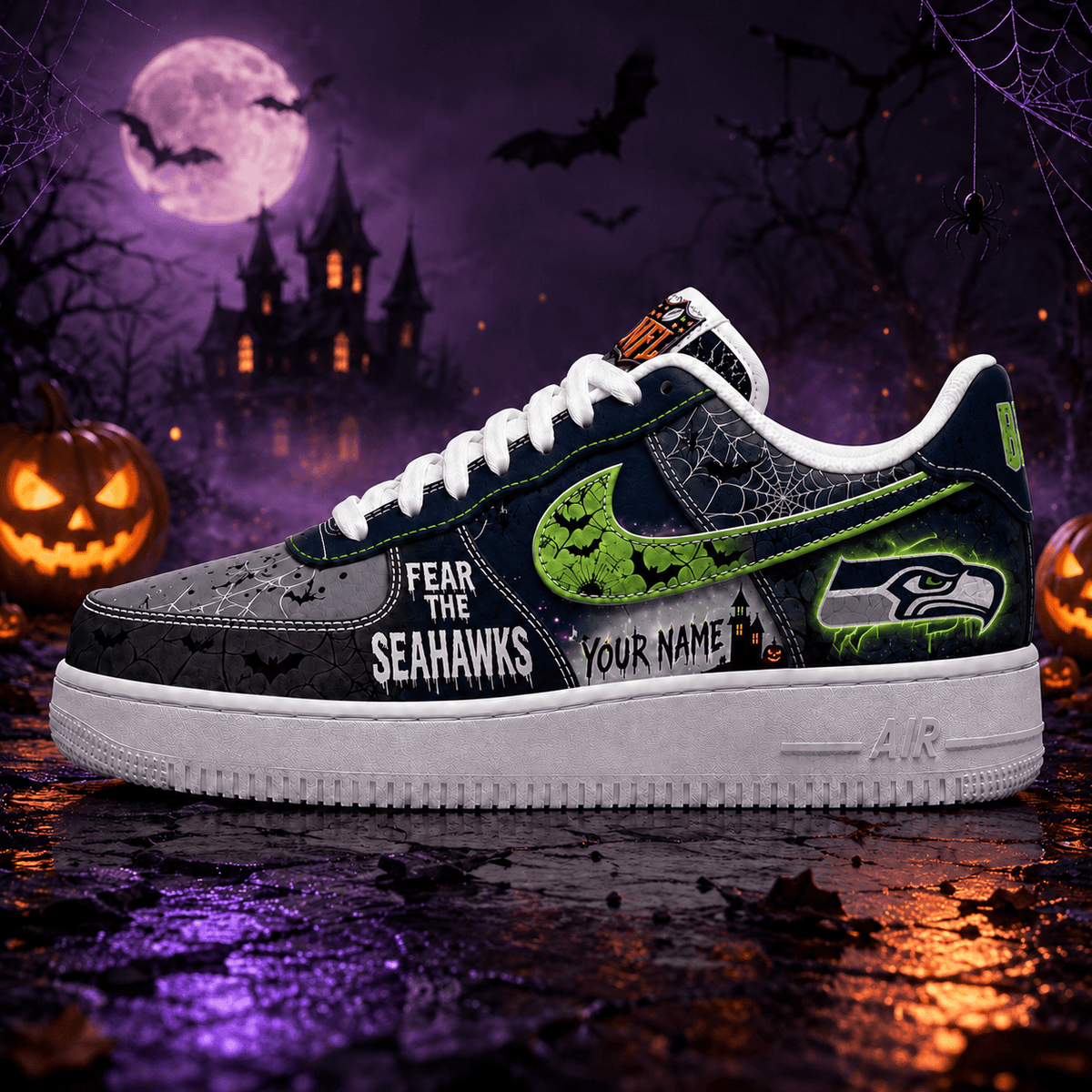 Seattle Seahawks | Premium NFL Fear The Team Halloween AF1 Sneakers - VA32168