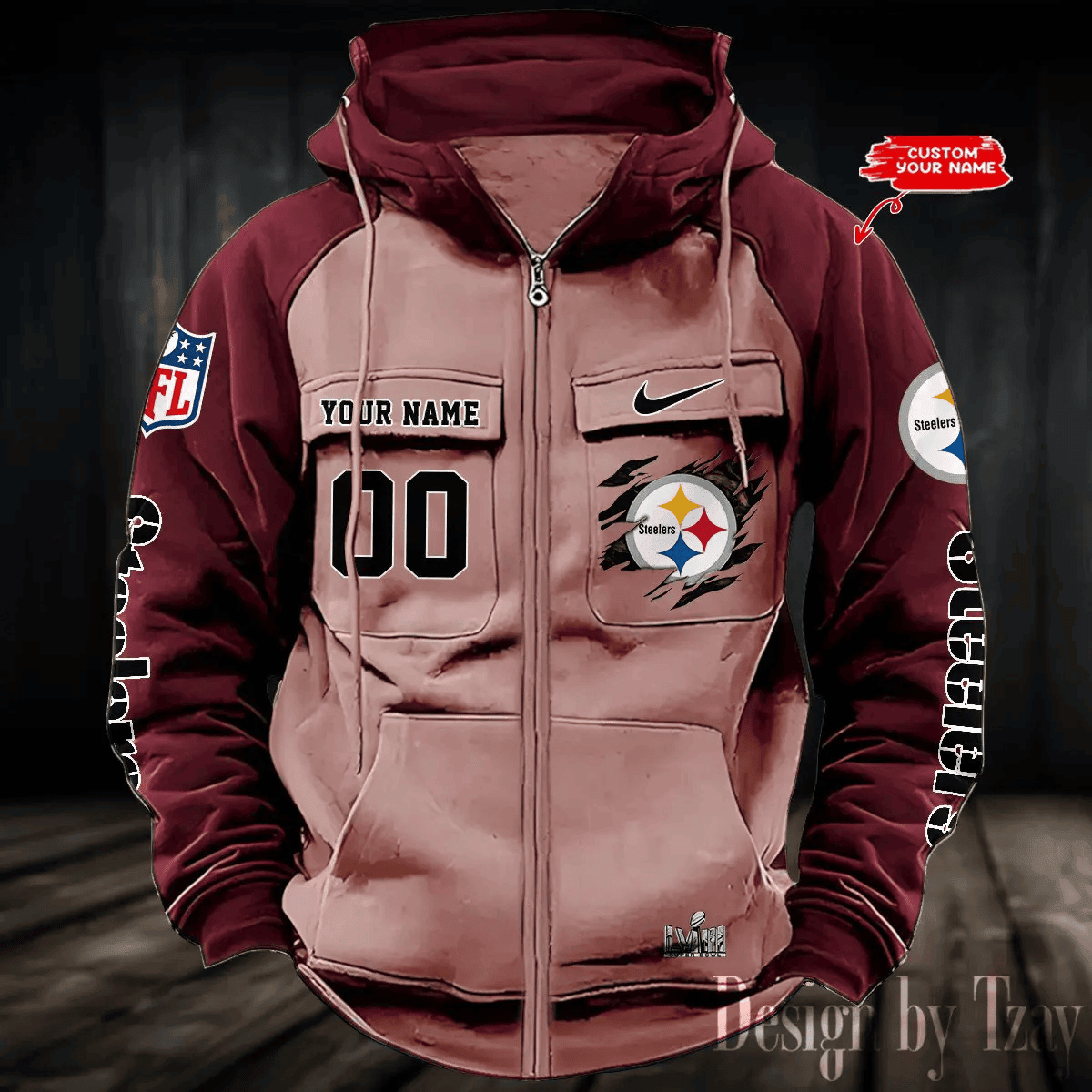9SMCZVHD059-Pittsburgh Steelers Zip-Vintage Hoodies