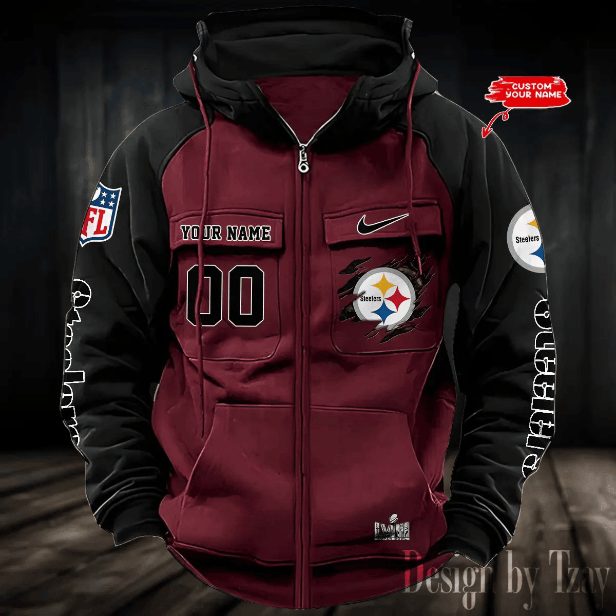 9SMCZVHD059-Pittsburgh Steelers Zip-Vintage Hoodies